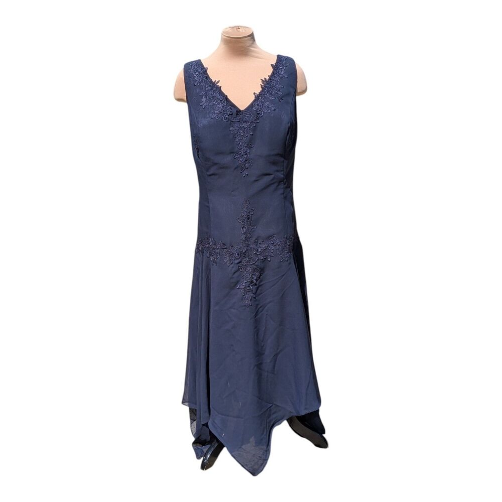 Navy Blue Formal Evening Gown V-Neck Embroidered Sleeveless Chiffon Maxi 3XL